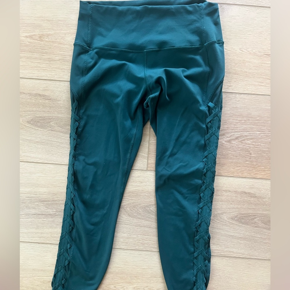 lululemon High Times Rhythm lace up mesh Tights- size 10, 25” inch Dark Green - Picture 2 of 8
